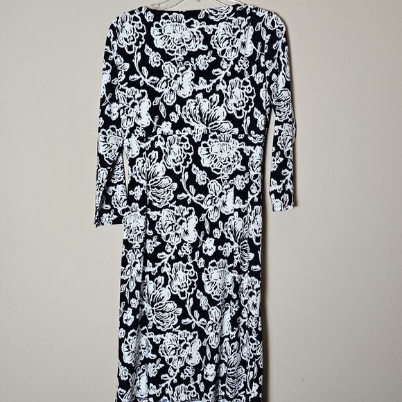 Lauren Ralph Lauren Size 10 Black & White Floral Long Sleeve Midi Wrap Dress - Picture 5 of 12